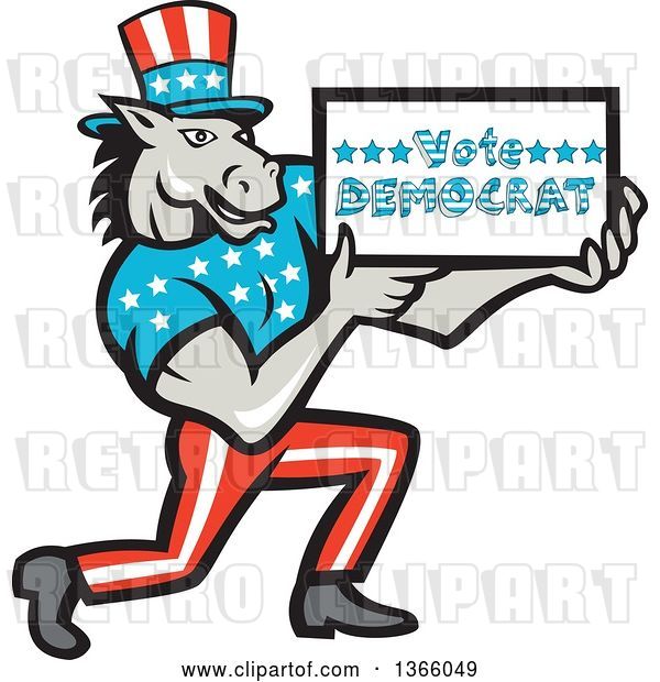 Vector Clip Art of Retro Cartoon Donkey Wearing a Top Hat, Kneeling and Holding a Vote Democrat Sign