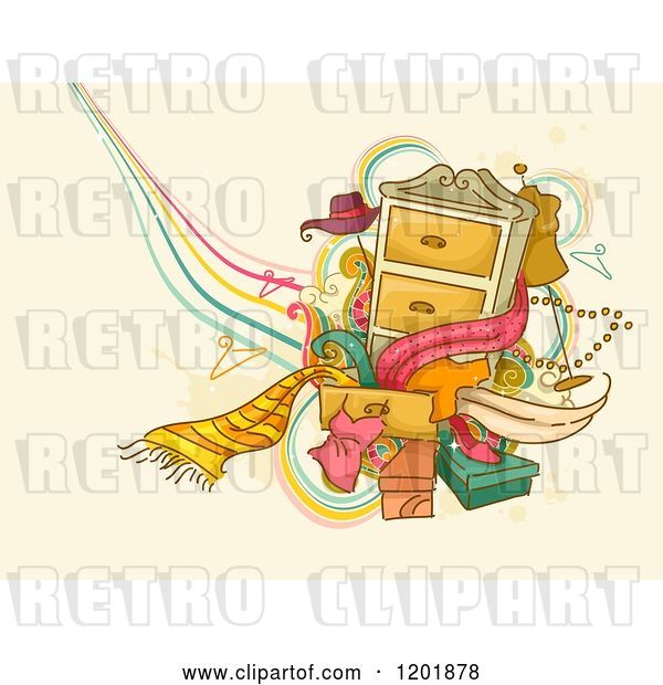 Vector Clip Art of Retro Cartoon Dresser with Accessories and Clothes over Tan Grunge