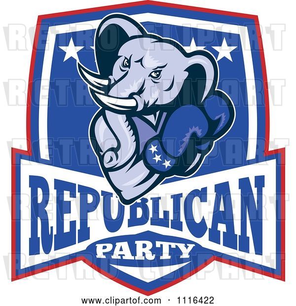 Vector Clip Art of Retro Cartoon Elephant Boxer in a Republican Party Shield