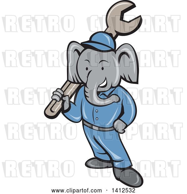 Vector Clip Art of Retro Cartoon Elephant Guy Mechanic Holding a Giant Spanner Wrench