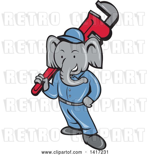 Vector Clip Art of Retro Cartoon Elephant Guy Plumber Holding a Giant Monkey Wrench