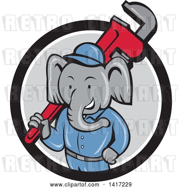 Vector Clip Art of Retro Cartoon Elephant Guy Plumber Holding a Giant Monkey Wrench, Emerging from a Black White and Gray Circle