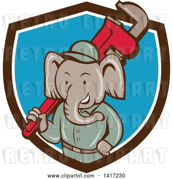 Vector Clip Art of Retro Cartoon Elephant Guy Plumber Holding a Giant Monkey Wrench, Emerging from a Brown White and Blue Shield