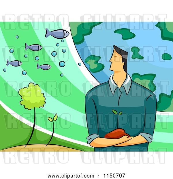 Vector Clip Art of Retro Cartoon Environmental Scientist Guy with the Earth Plants and Fish