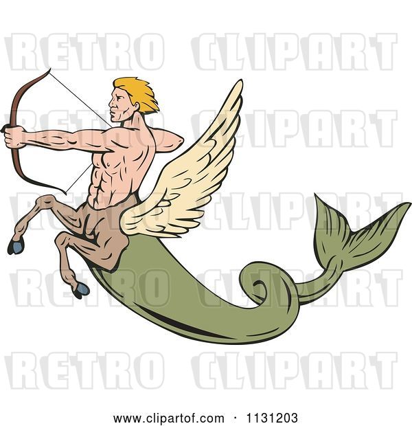 Vector Clip Art of Retro Cartoon Fantasy Winged Horse Fish Guy Shooting an Arrow