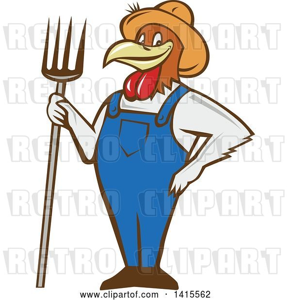 Vector Clip Art of Retro Cartoon Farmer Rooster Chicken Guy Wearing Overalls and a Straw Hat, Holding a Pitchfork