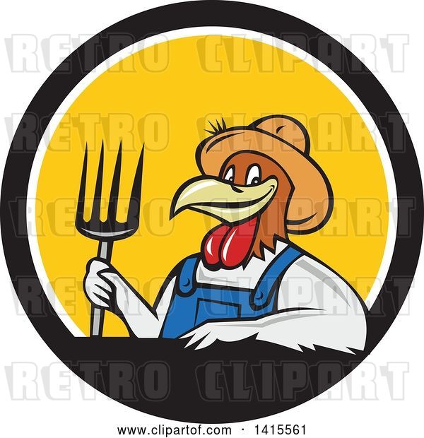 Vector Clip Art of Retro Cartoon Farmer Rooster Chicken Guy Wearing Overalls and a Straw Hat, Holding a Pitchfork in a Black White and Yellow Circle