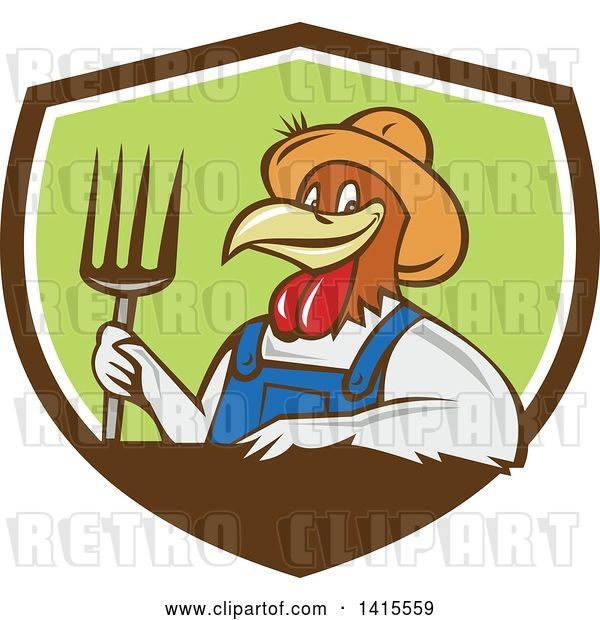 Vector Clip Art of Retro Cartoon Farmer Rooster Chicken Guy Wearing Overalls and a Straw Hat, Holding a Pitchfork in a Brown White and Green Shield