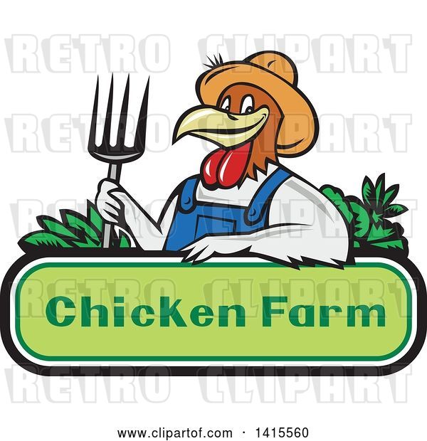 Vector Clip Art of Retro Cartoon Farmer Rooster Guy Wearing Overalls and a Straw Hat, Holding a Pitchfork over a Chicken Farm Sign