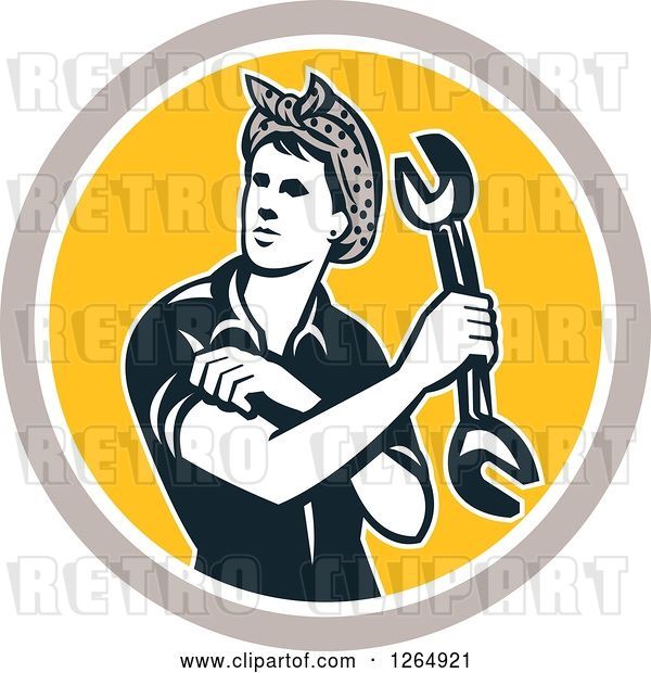 Vector Clip Art of Retro Cartoon Female Mechanic Holding a Wrench and Rolling up Her Sleeves in a Taupe White and Yellow Circle