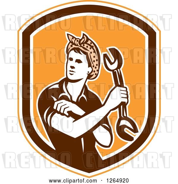 Vector Clip Art of Retro Cartoon Female Mechanic Holding a Wrench and Rolling up Her Sleeves in an Orange White and Brown Shield