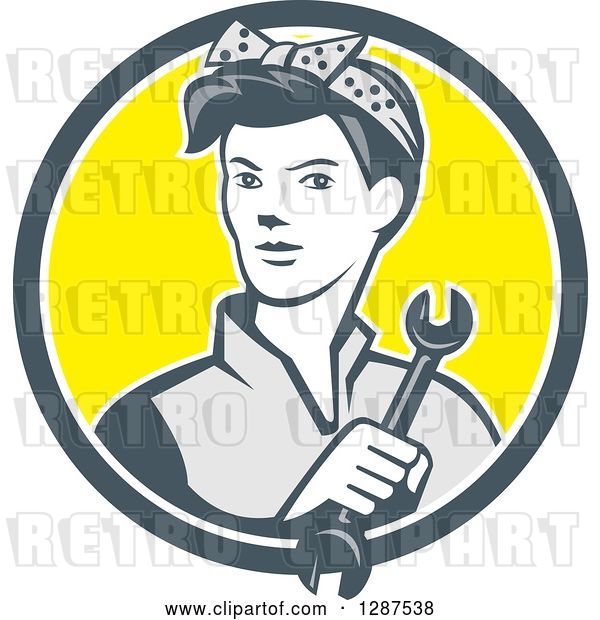 Vector Clip Art of Retro Cartoon Female Mechanic Holding a Wrench in a Gray White and Yellow Circle