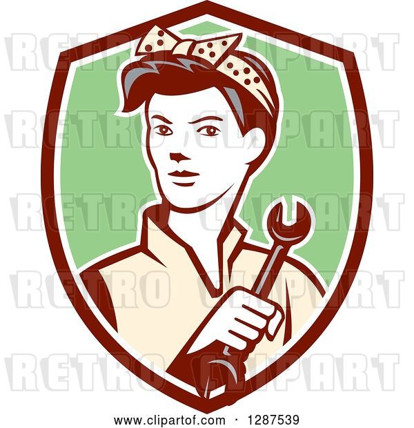 Vector Clip Art of Retro Cartoon Female Mechanic Holding a Wrench in a Maroon White and Green Shield