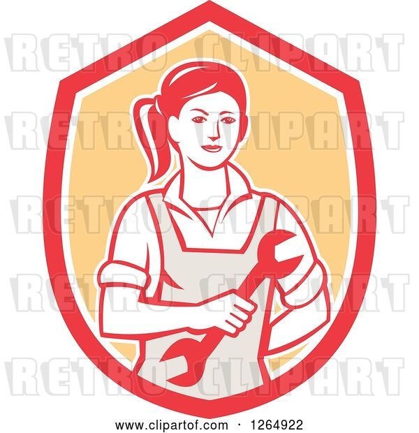Vector Clip Art of Retro Cartoon Female Mechanic Holding a Wrench in a Red White and Orange Shield