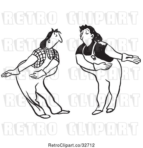 Vector Clip Art of Retro Cartoon Female Workers Bowing and Permitting the Other to Proceed