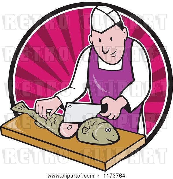 Vector Clip Art of Retro Cartoon Fishmonger Sushi Chef Chopping a Fish over a Pink Circle of Rays