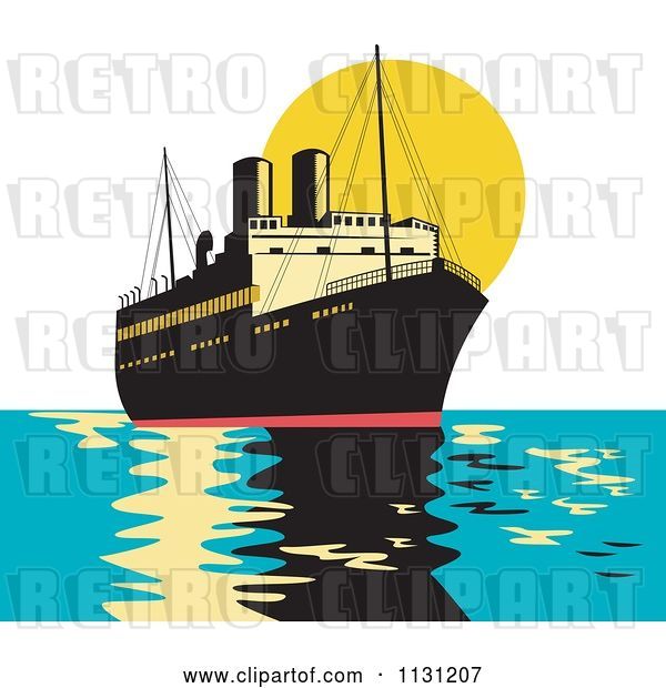 Vector Clip Art of Retro Cartoon Freighter Ship at Sunset