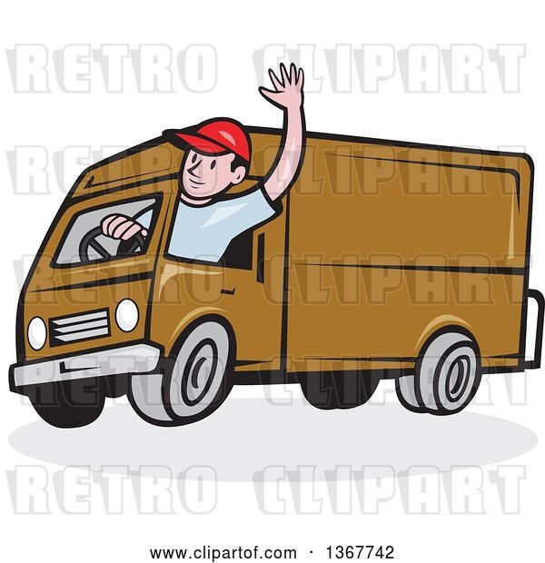 Vector Clip Art of Retro Cartoon Friendly White Male Delivery Truck Driver Waving