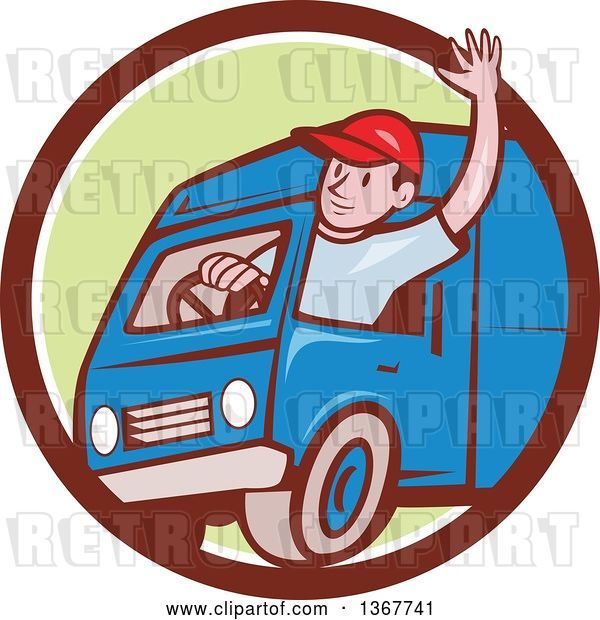 Vector Clip Art of Retro Cartoon Friendly White Male Delivery Truck Driver Waving in a Brown White and Green Circle