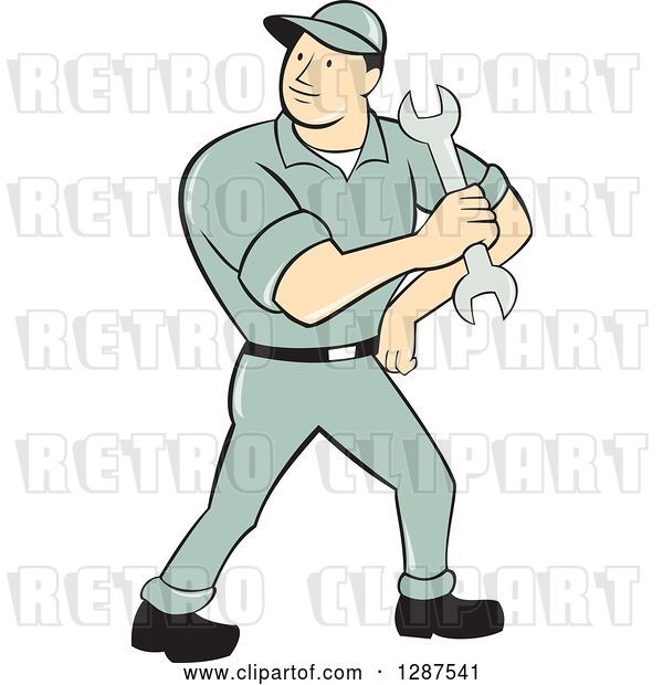 Vector Clip Art of Retro Cartoon Full Length Male Mechanic Holding a Wrench