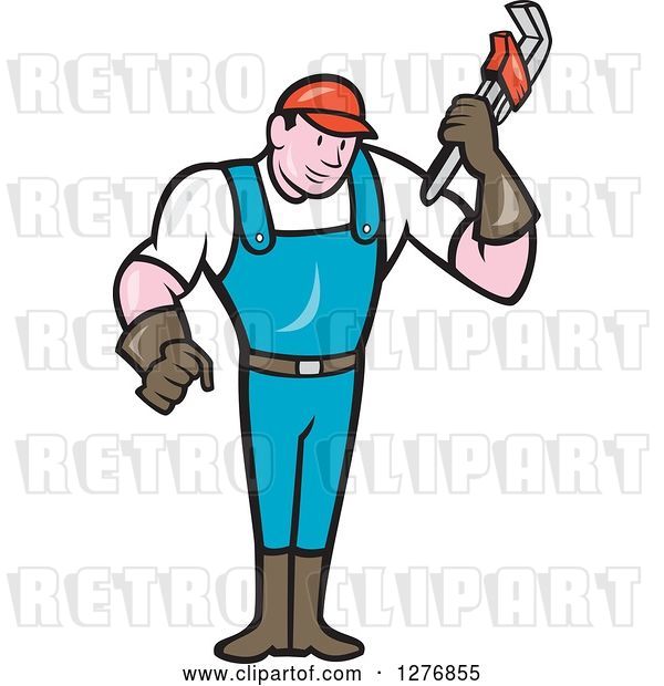 Vector Clip Art of Retro Cartoon Full Length Male Plumber Holding a Monkey Wrench