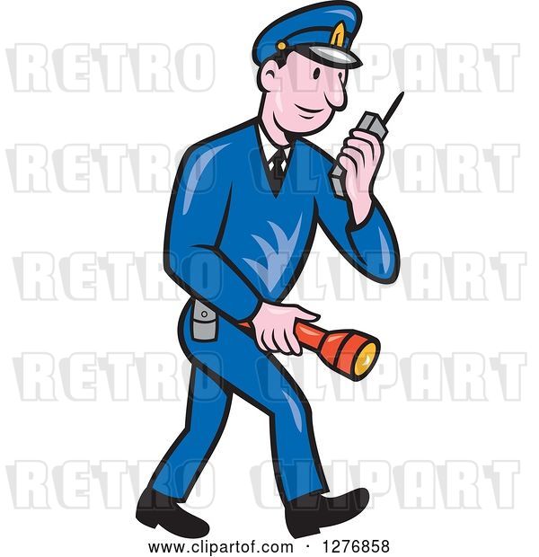 Vector Clip Art of Retro Cartoon Full Length Police Guy Talking on a Walkie Talkie and Holding a Flashlight