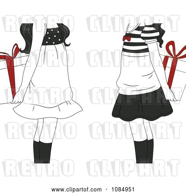 Vector Clip Art of Retro Cartoon Gift Exchange Girls Holding Presents with Red Bows Behind Their Backs
