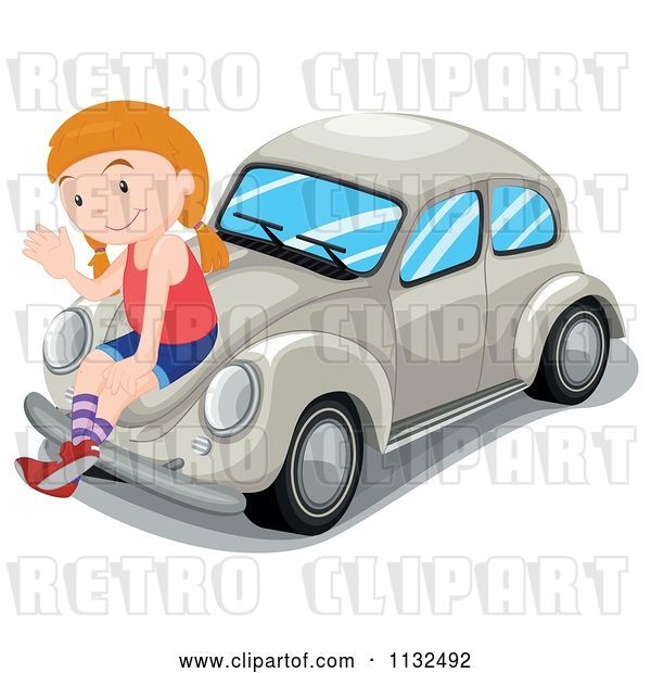 Vector Clip Art of Retro Cartoon Girl Waving and Sitting on a Beige Slug Bug Car
