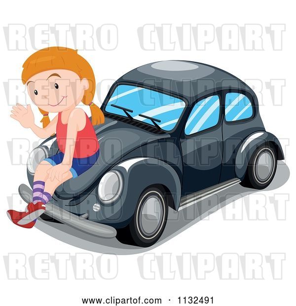 Vector Clip Art of Retro Cartoon Girl Waving and Sitting on a Black Slug Bug Car