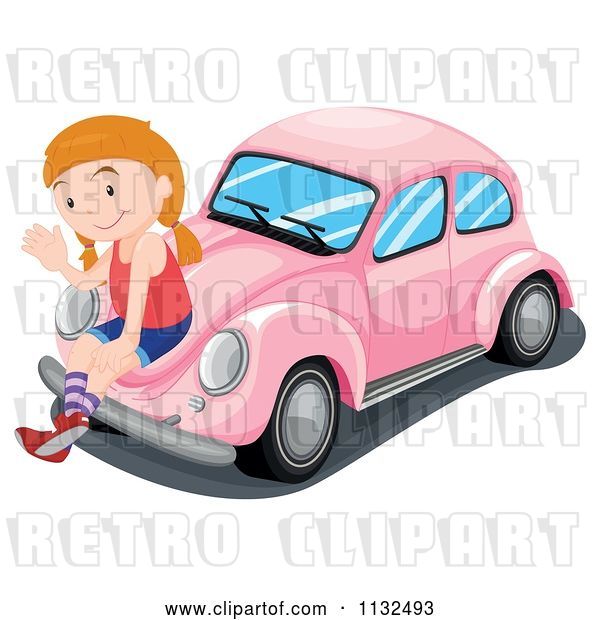 Vector Clip Art of Retro Cartoon Girl Waving and Sitting on a Pink Slug Bug Car
