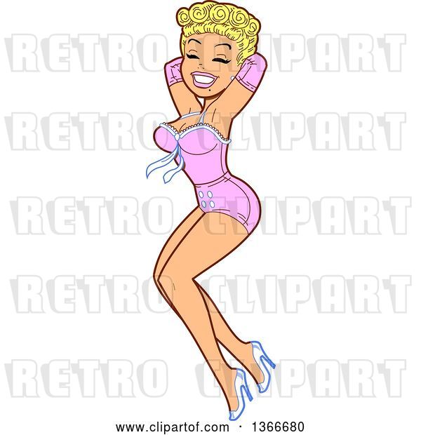 Vector Clip Art of Retro Cartoon Glamorous Blond White Bombshell Pinup Lady in a Pink Sexy Outfit