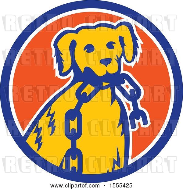 Vector Clip Art of Retro Cartoon Golden Retriever Dog Sitting with a Broken Chain in His Mouth Inside a Circle