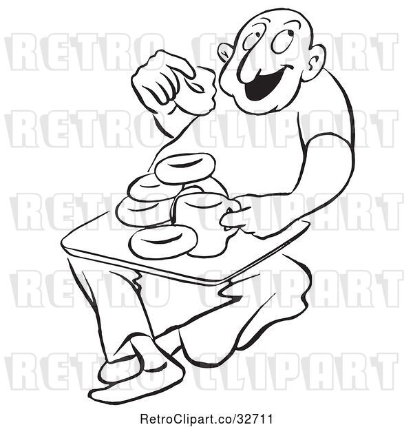 Vector Clip Art of Retro Cartoon Guy Eating Coffee and Donuts