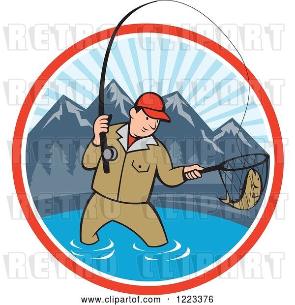 Vector Clip Art of Retro Cartoon Guy Fly Fishing in a Mountainous Lake Circle