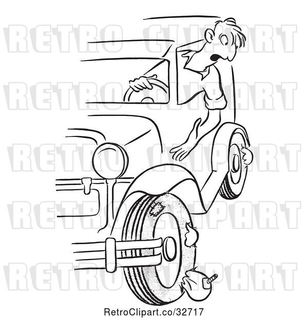 Vector Clip Art of Retro Cartoon Guy Hanging out His Car Window to Find Blown out Tires