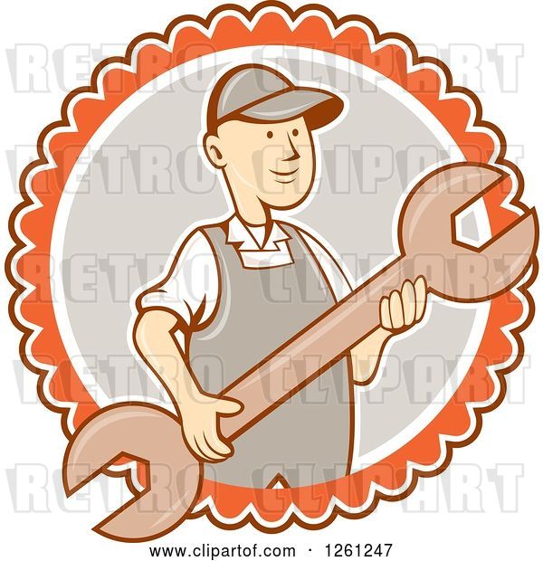 Vector Clip Art of Retro Cartoon Guy Holding a Spanner Wrench in a White Gray and Orange Circle