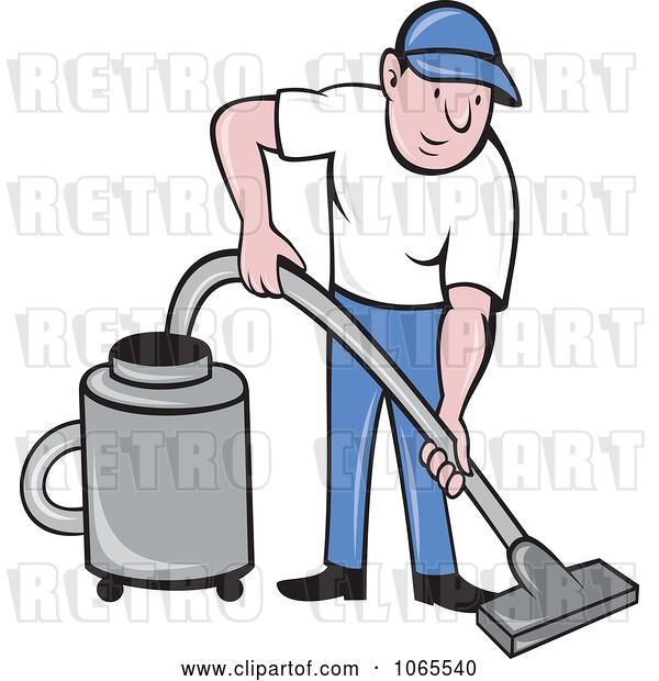 Vector Clip Art of Retro Cartoon Guy Using a Canister Vacuum