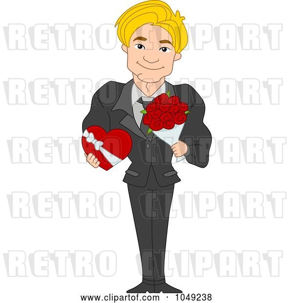 Vector Clip Art of Retro Cartoon Handsome Valentine Guy Holding a Chocolate Box and Bouquet