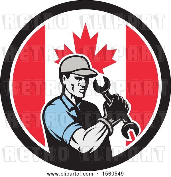 Vector Clip Art of Retro Cartoon Handy Guy or Mechanic Flexing and Holding a Spanner Wrench in a Canadian Flag Circle
