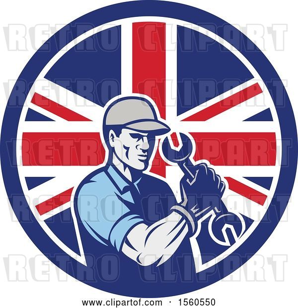 Vector Clip Art of Retro Cartoon Handy Guy or Mechanic Flexing and Holding a Spanner Wrench in a Union Jack Flag Circle