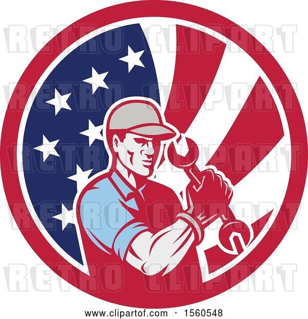 Vector Clip Art of Retro Cartoon Handy Guy or Mechanic Flexing and Holding a Spanner Wrench in an American Flag Circle