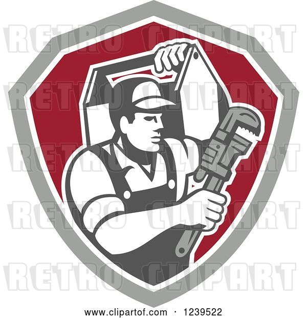 Vector Clip Art of Retro Cartoon Handy Guy with a Wrench and Tool Box in a Shield