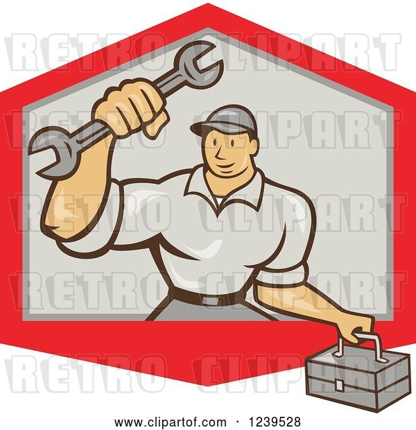 Vector Clip Art of Retro Cartoon Handy Guy with a Wrench and Tool Box in Shield