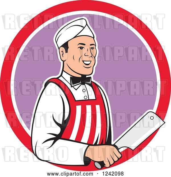 Vector Clip Art of Retro Cartoon Happy Butcher with a Knife in a Circle
