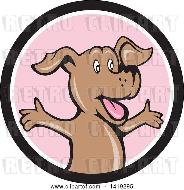 Vector Clip Art of Retro Cartoon Happy Puppy Dog Ohlding His Arms out in a Black White and Pink Circle