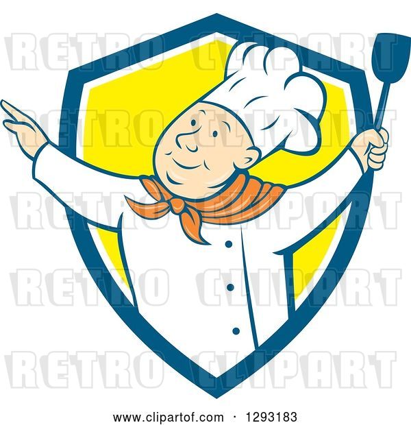 Vector Clip Art of Retro Cartoon Happy White Male Chef Dancing with a Spatula in a Blue White and Yellow Shield