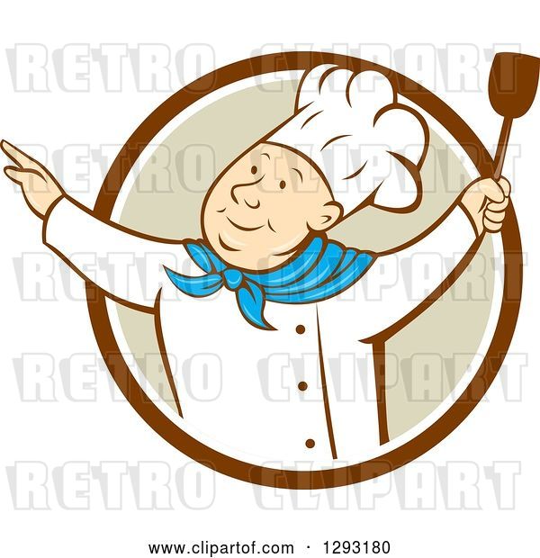 Vector Clip Art of Retro Cartoon Happy White Male Chef Dancing with a Spatula in a Brown White and Tan Circle