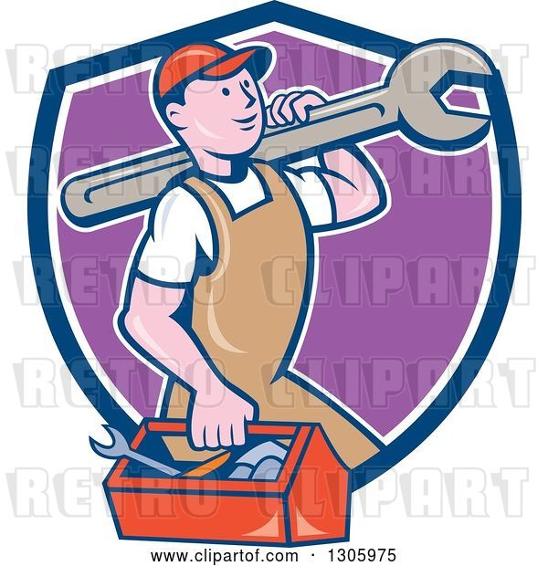 Vector Clip Art of Retro Cartoon Happy White Male Mechanic Carrying a Tool Box and Giant Wrench and Emerging from a Blue White and Purple Shield