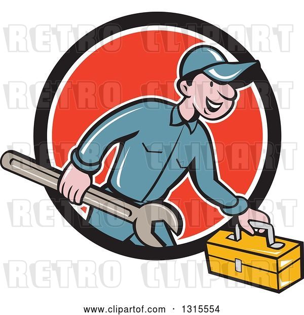 Vector Clip Art of Retro Cartoon Happy White Male Mechanic Runnign with a Spanner Wrench and a Tool Box, Emerging from a Black White and Red Circle