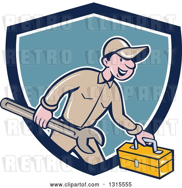 Vector Clip Art of Retro Cartoon Happy White Male Mechanic Runnign with a Spanner Wrench and a Tool Box, Emerging from a Blue and White Shield